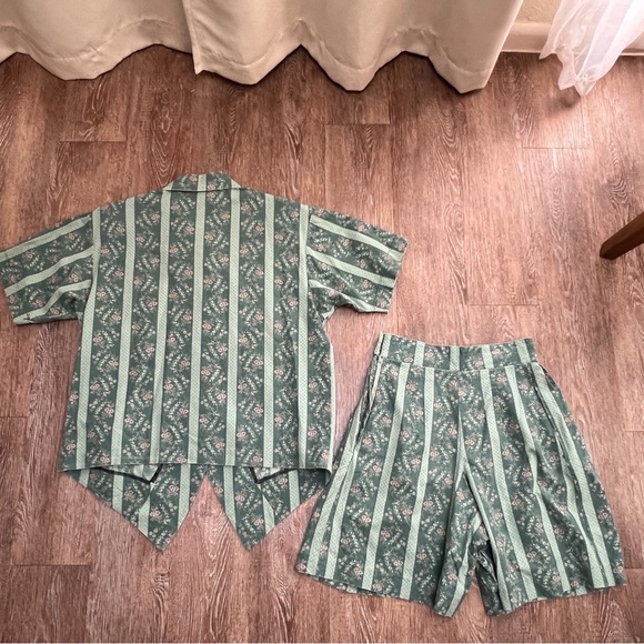 VTG MP Green Floral Stripe Matching Top & Short Set Cottagecore | Size: XS/S - Picture 9 of 11